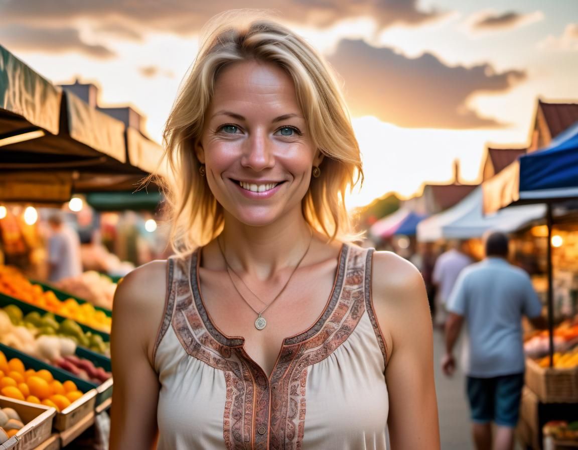 Beautiful Woman at Village Market in Renaissance Style
