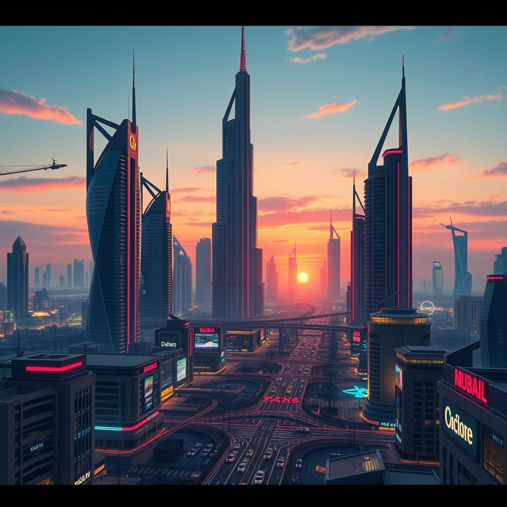 Cyberpunk Dubai Cityscape at Sunset