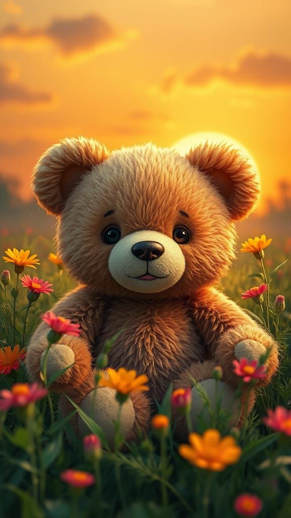 Whimsical Teddy Bear in Enchanted Sunset Scene