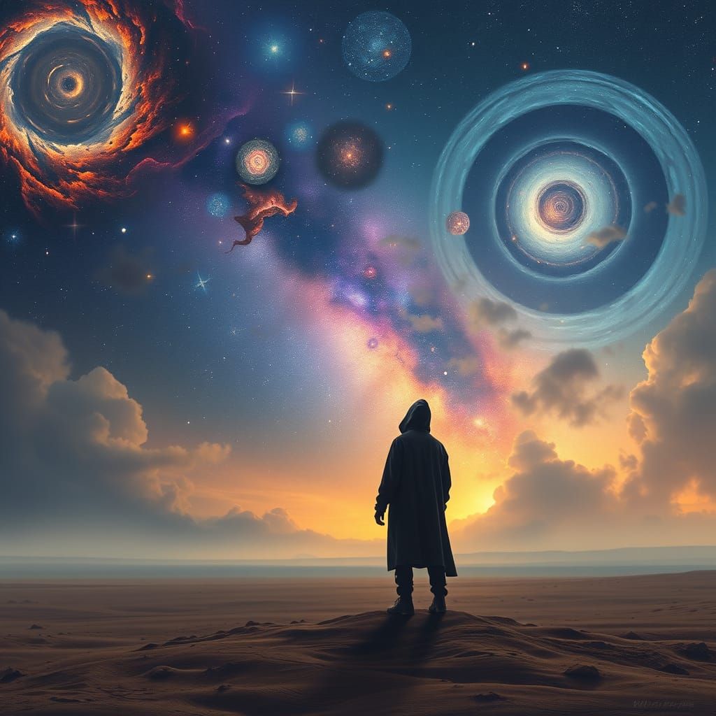 Hooded Figure Gazing at Swirling Nebula Sky