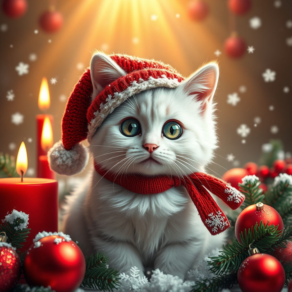 Festive Cat in Winter Hat: Hyperrealistic Christmas Scene
