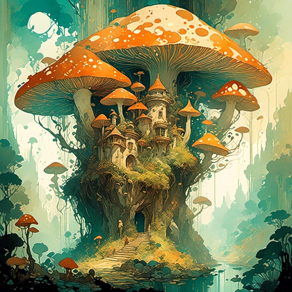 Enigmatic Mushroom Fortress Portrait in Digital Watercolor
