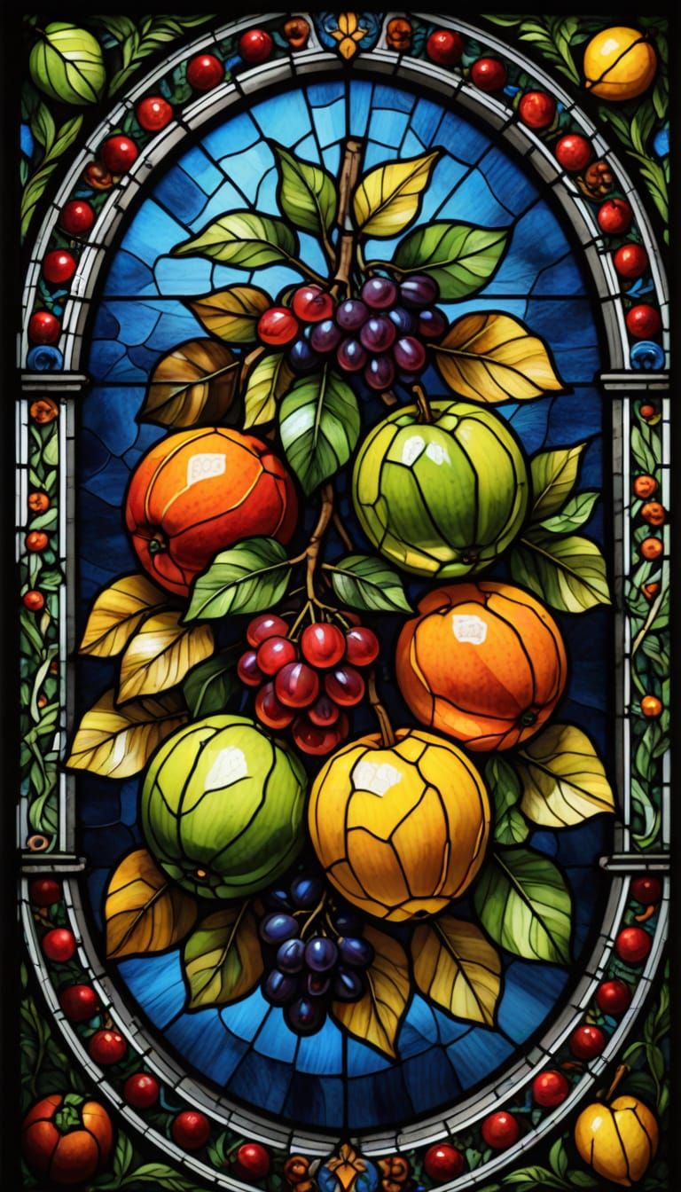 Vibrant Stained Glass Fruits in Cinematic Lighting