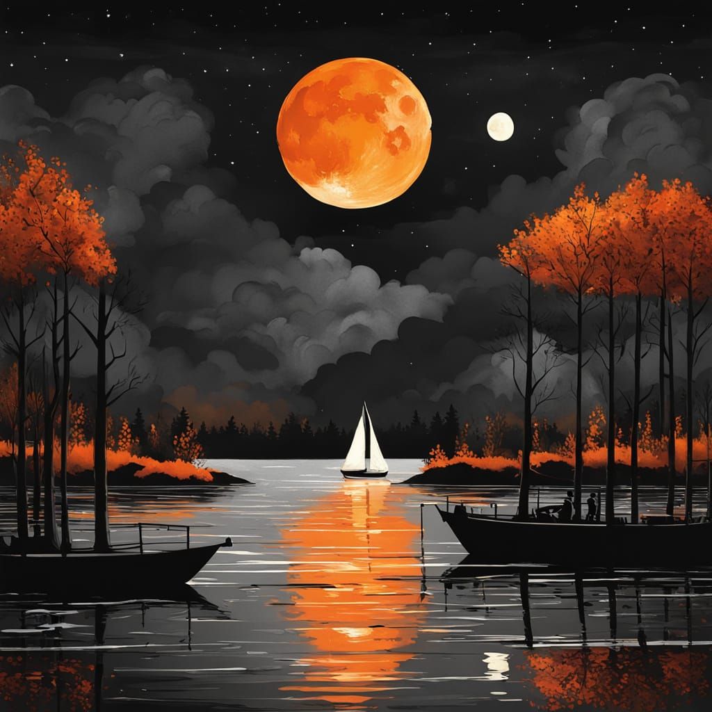 Luminous Ship Sails Under Orange Moon