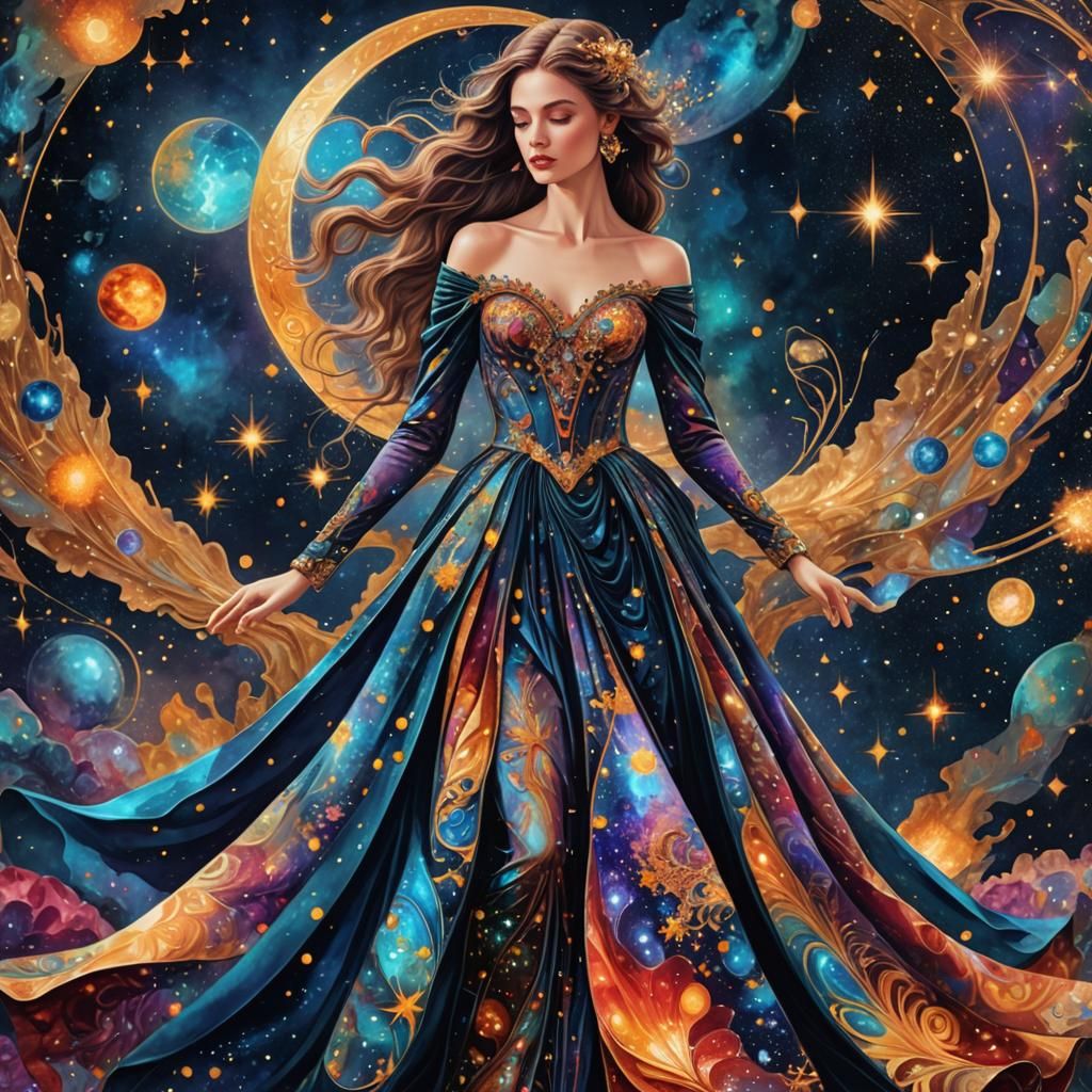 Astral Velvet Gown: Holographic Cosmic Illustration