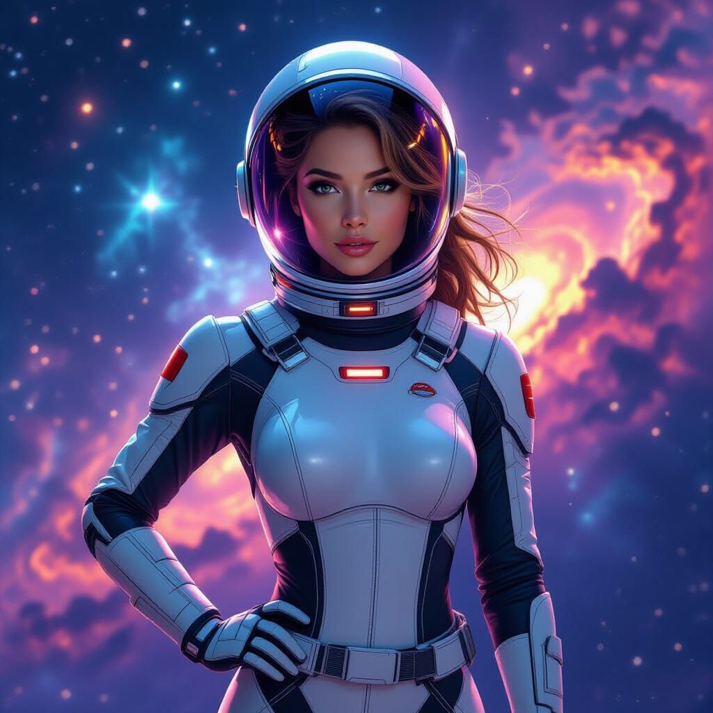 Glamorous Astronaut in Retro-Futuristic Cosmic Scene