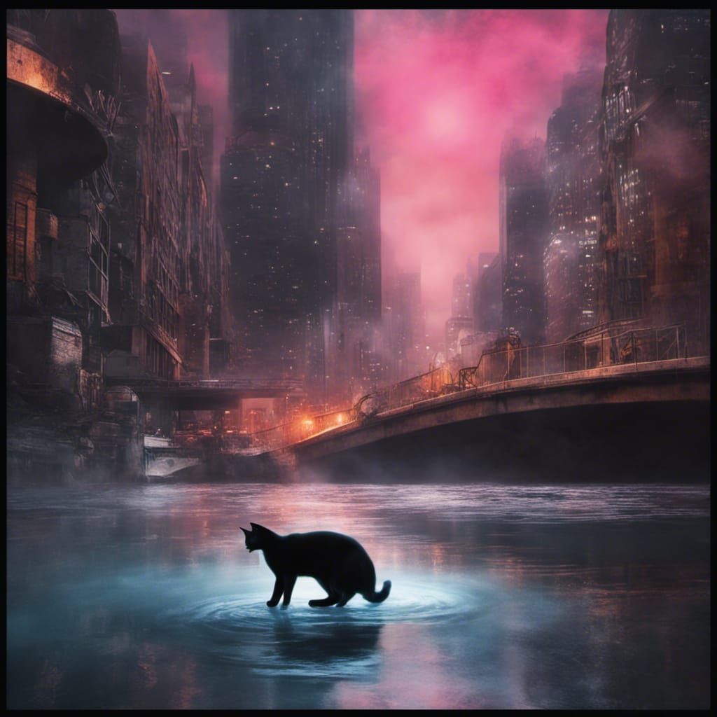 Sci-Fi Cat in Cyberpunk Cityscape