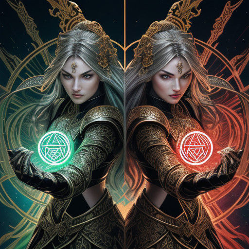 Fantasy Art. Medium shot. Two women fighting in a sacred pla...