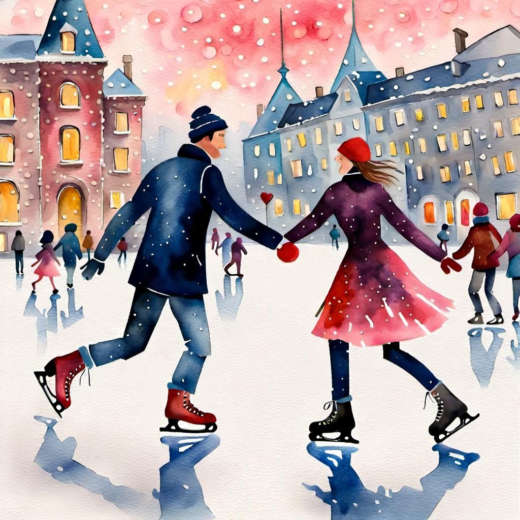 Romantic Ice Skating Couple in Gouache Style