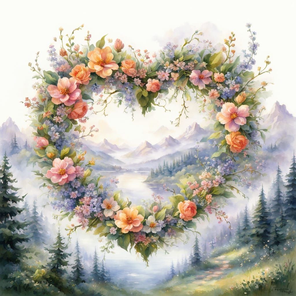 Springtime Heart Wreath in Whimsical Watercolor Style