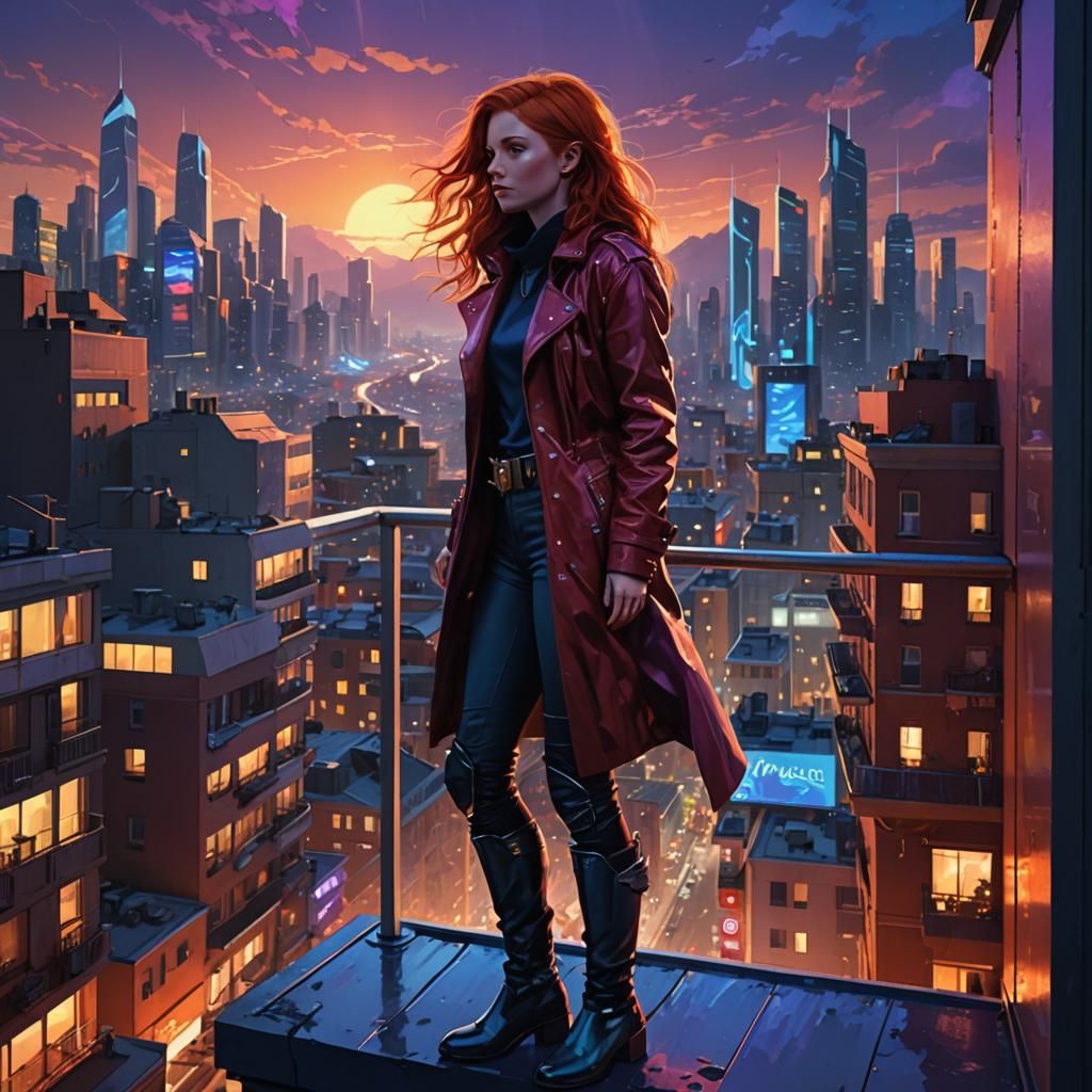 Red-Haired Woman Overlooking Neon Cityscape