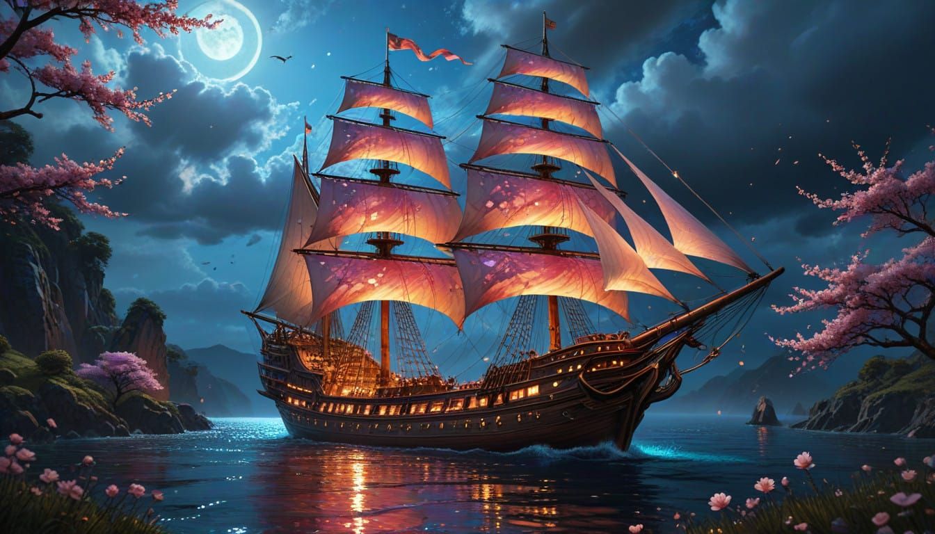 Ethereal Vessel Sails Under Cherry Blossoms in Celestial Gar...