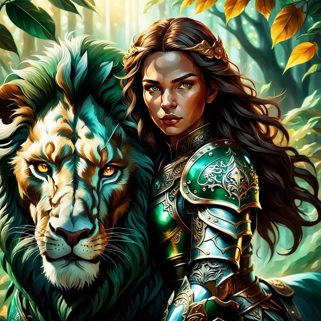 Fantasy Warrior on Lion in Emerald Light