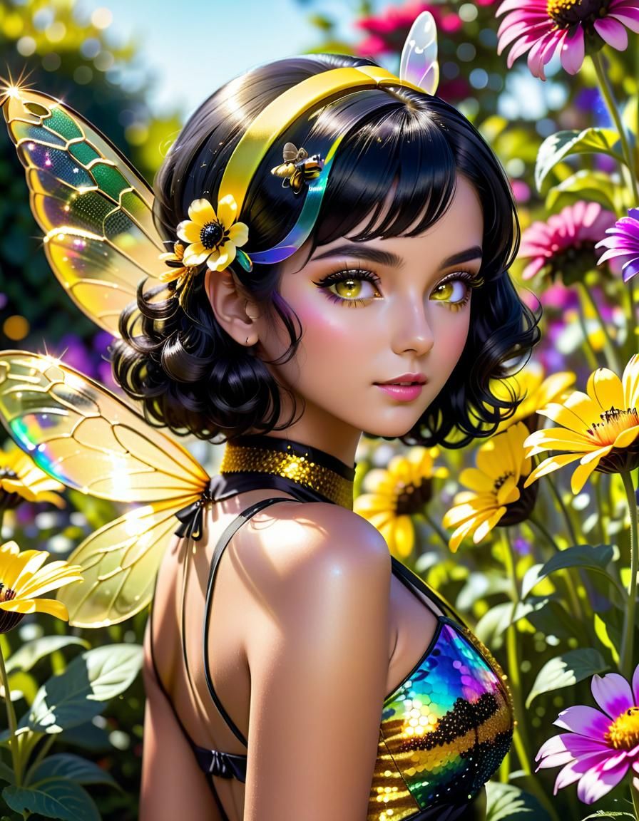 Honeybee Woman in Flower Garden, Art Nouveau Illustration