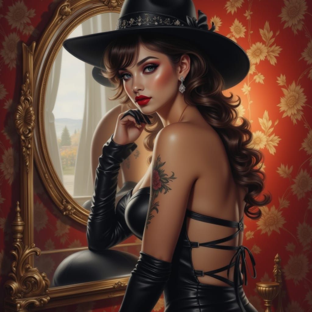 Pinup Woman in Leather Dress with Antique Mirror