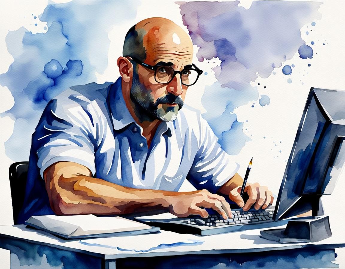 Detailed Watercolor of Tired Man at Computer