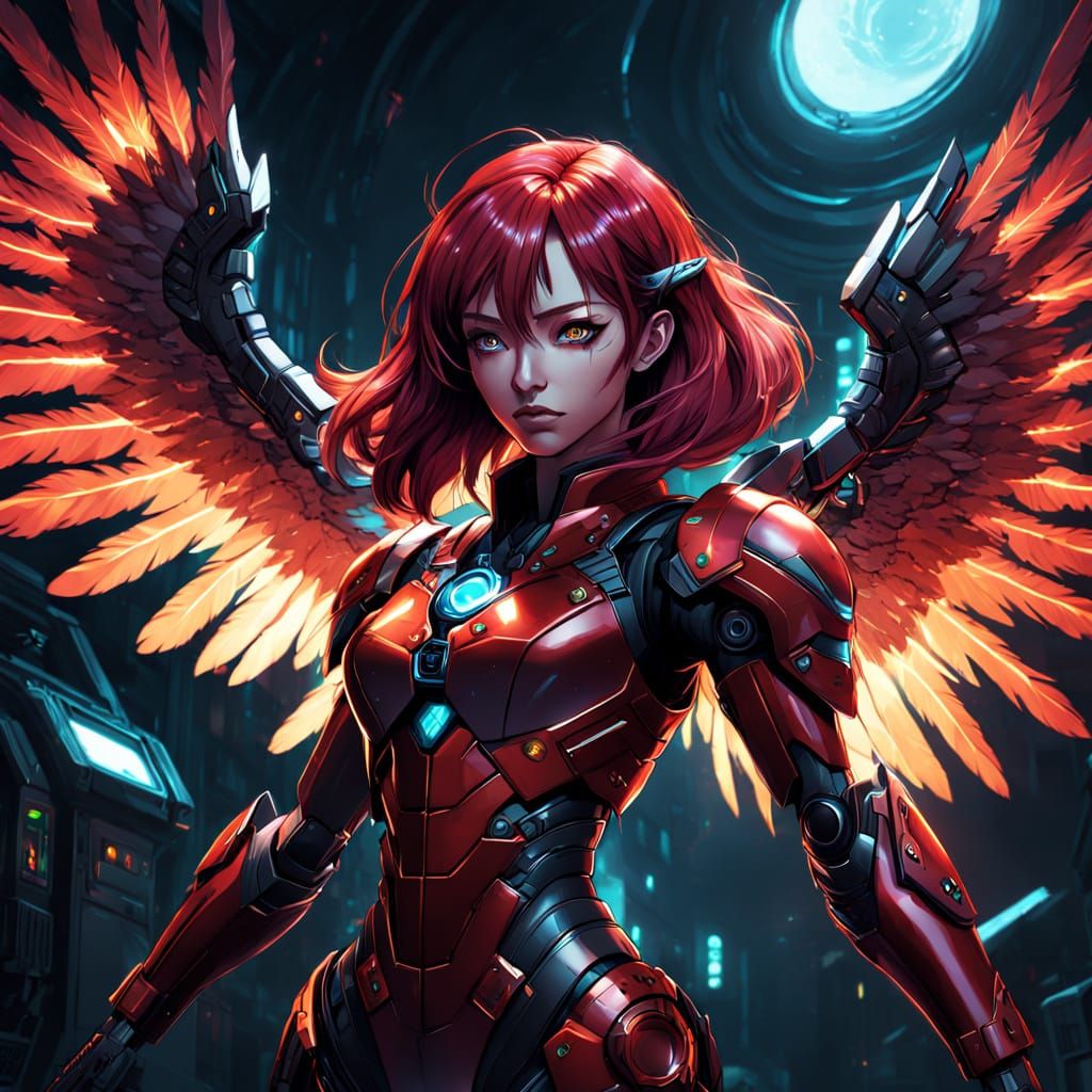 Anime Warrior Girl With Red Wine Hair and Cybernetic Wings