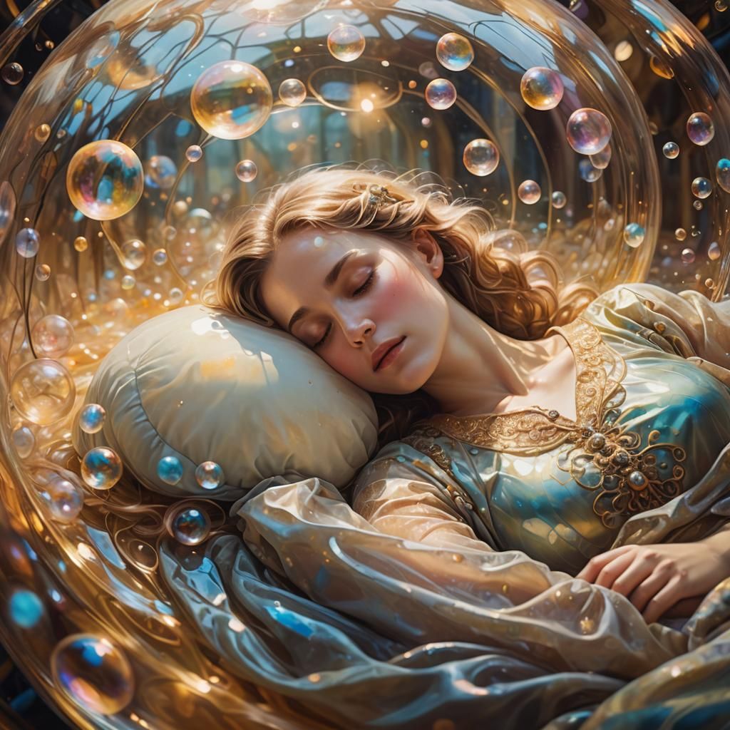 Dreamlike Woman Sleeping in Shimmering Bubble