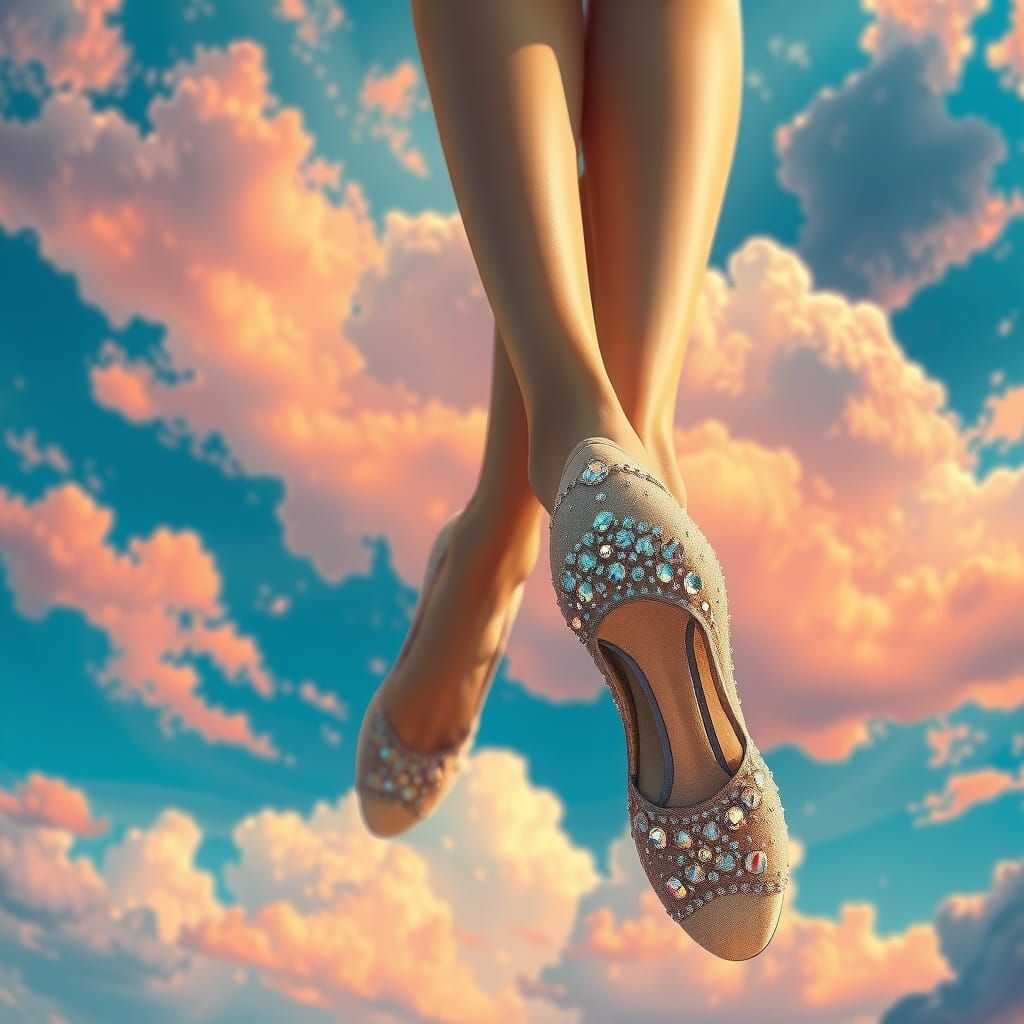 Whimsical Woman Floats in Vibrant Surreal Sky