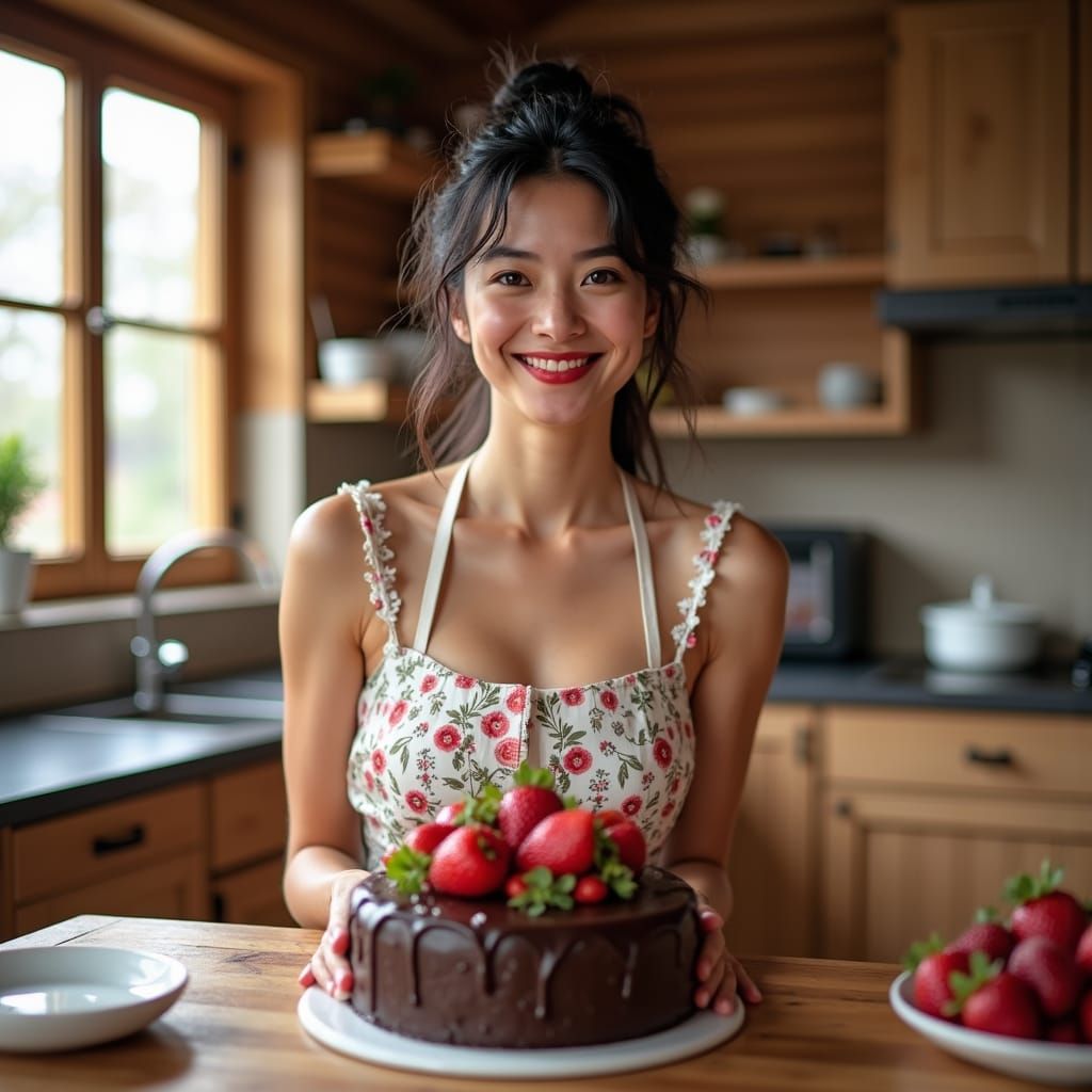 Joyful Baker Creates Chocolate Cake in Cozy Kitchen
