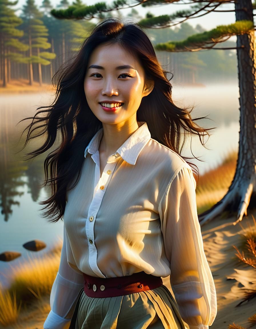 Korean Woman on Misty Lake Shore in Baroque Style