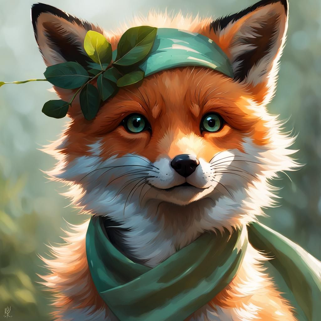 Adorable Fox Pup with Bandanna, Detailed Portrait