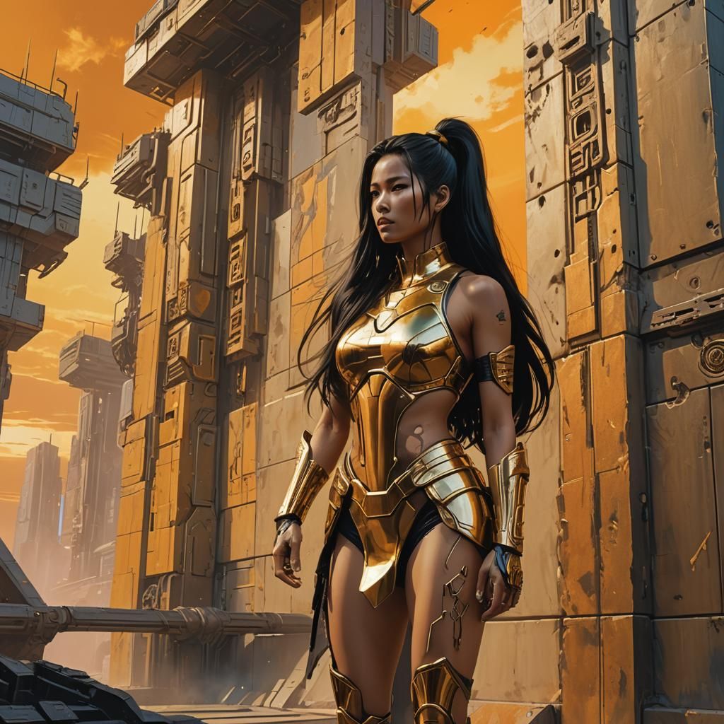 Cyberpunk Woman on Metallic Wall: Concept Art