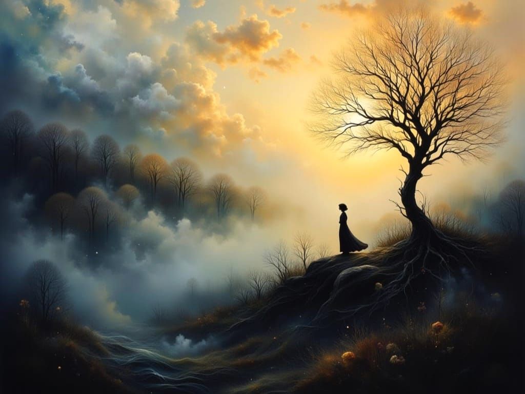 silhouette of a horizon with a silhouette of a large, leafle...