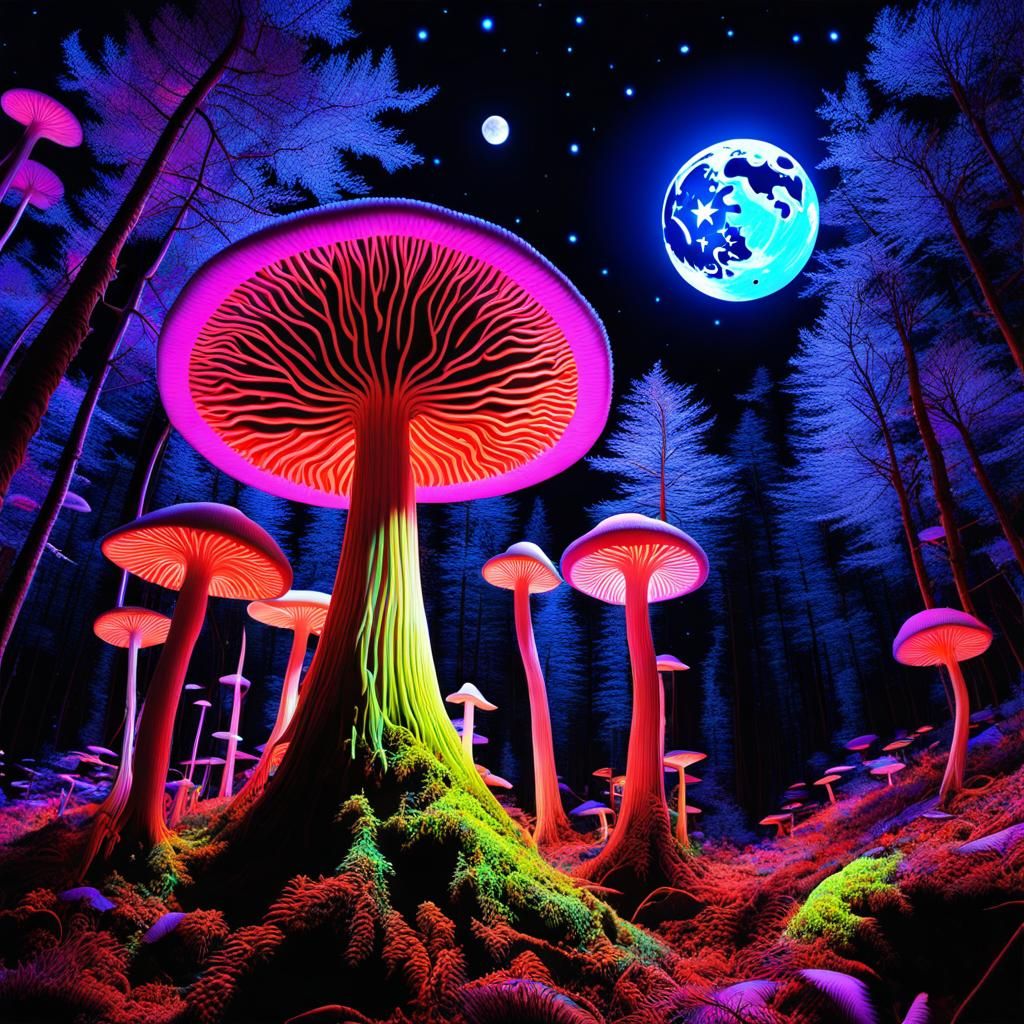 Fluorescent Mushroom Forest Under Giant Moon in Digital Art