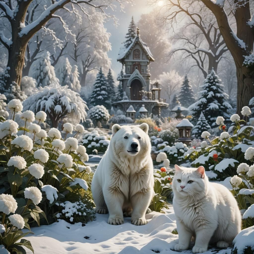 Snow Bear-Cat Hybrid Playing in Garden: Digital Painting