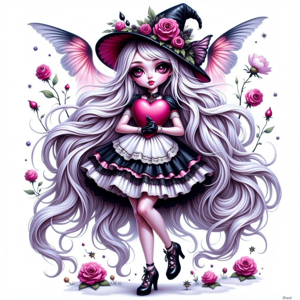 Whimsical Fairy with Silver Hair and Black Hat