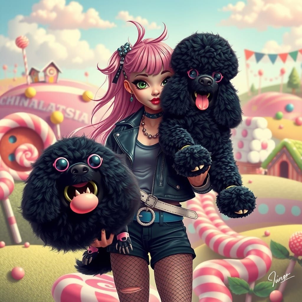 Punk Rock Girl and Poodle in Candyland, Digital Art