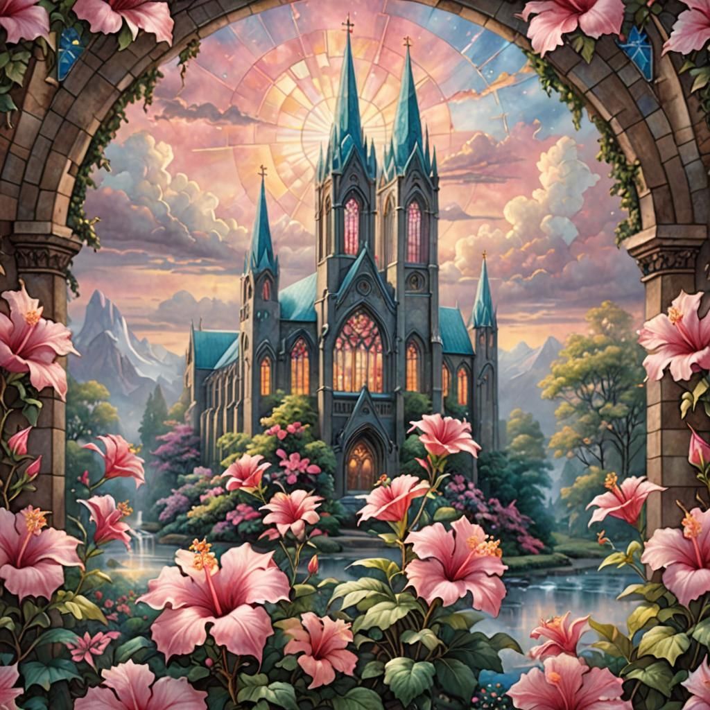 Stained Glass Cathedral with Pink Hibiscus Flower