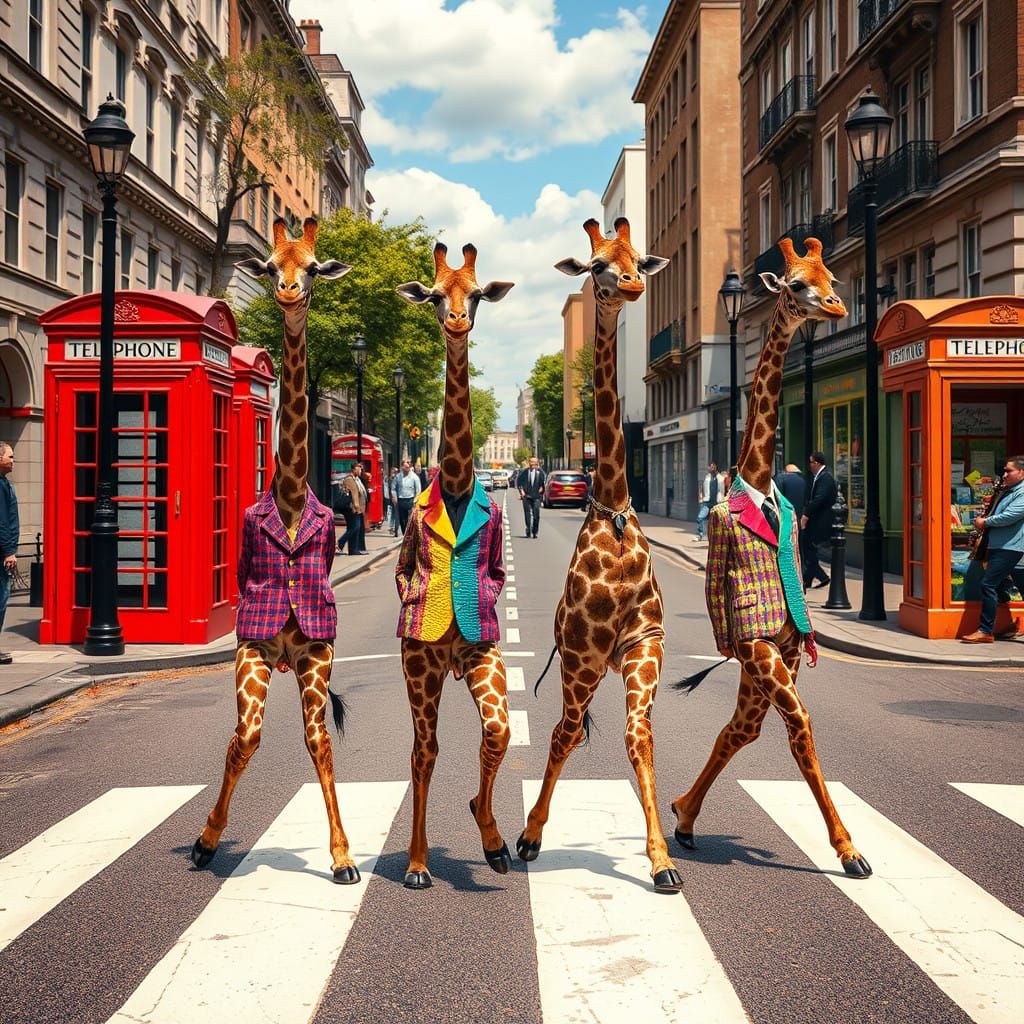 Giraffes in Sgt. Pepper's Inspired Outfits Cross Street in V...
