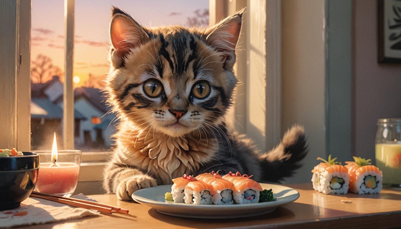 Cute Kitten Enjoys Sushi: Airbrush Illustration
