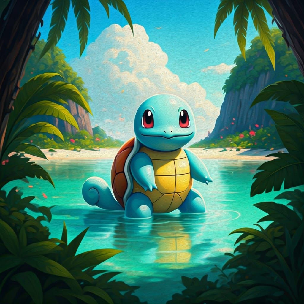 Squirtle's Tropical Beach Escape as Oil Painting