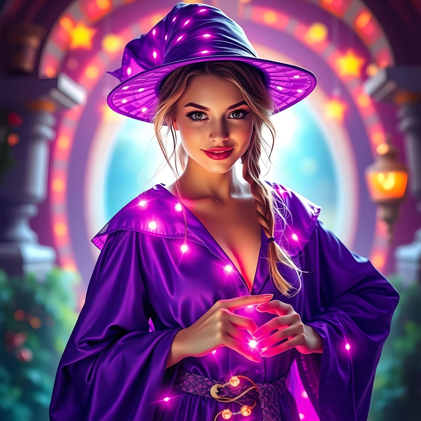Beautiful Female Wizard in Bright Fantasy Setting