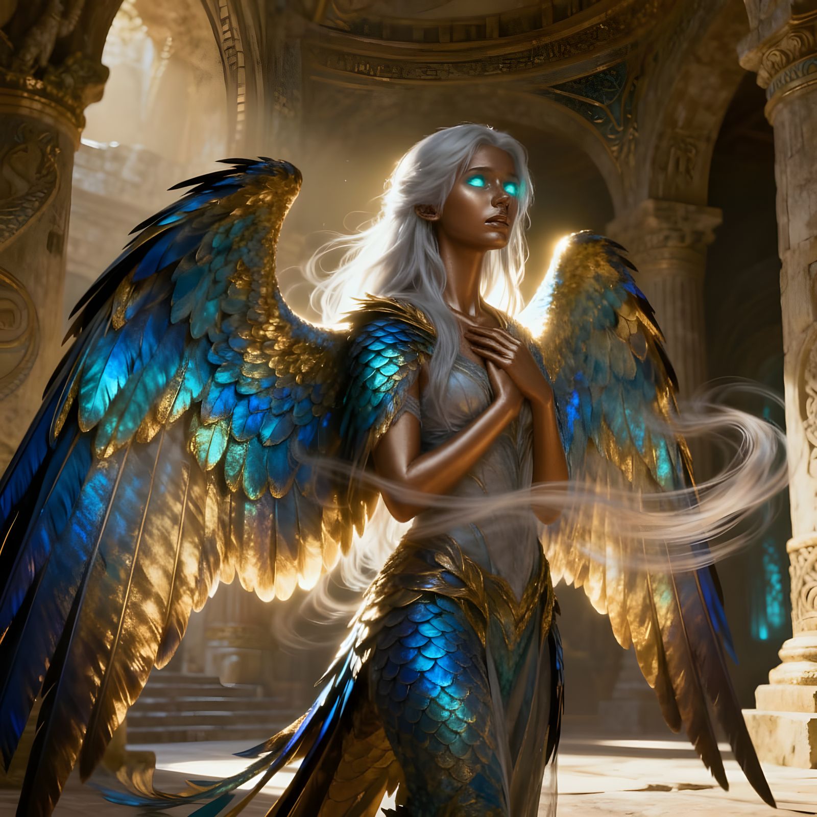 Sara Drakonis Reveals Falcon Wings in Fantasy Temple