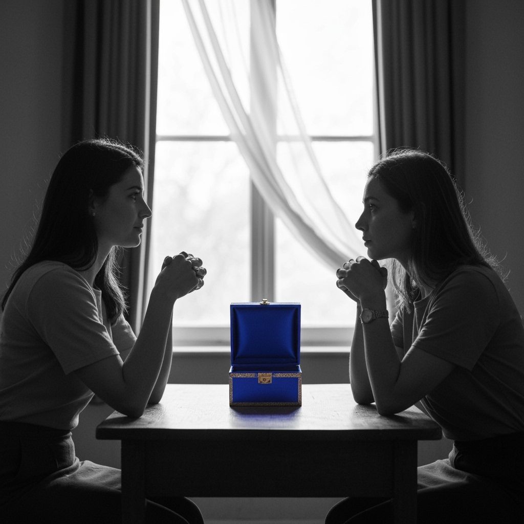Two Women by Window with a Shining Blue Box