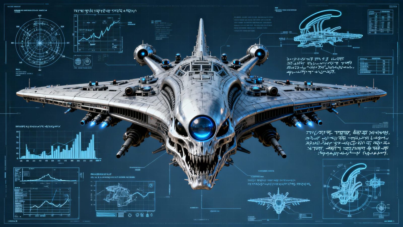 Alien Battle Cruiser Blueprint in 3D Rendered Style