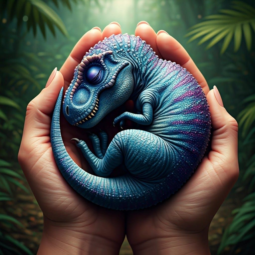 Tiny Sleeping T-Rex in Human Palm