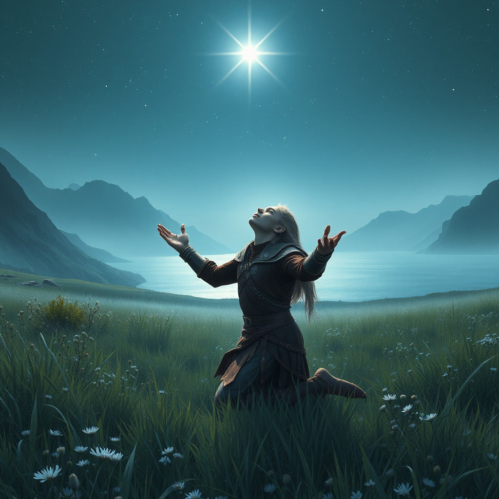 Elf Warrior Worships Star in Moonlit Meadow