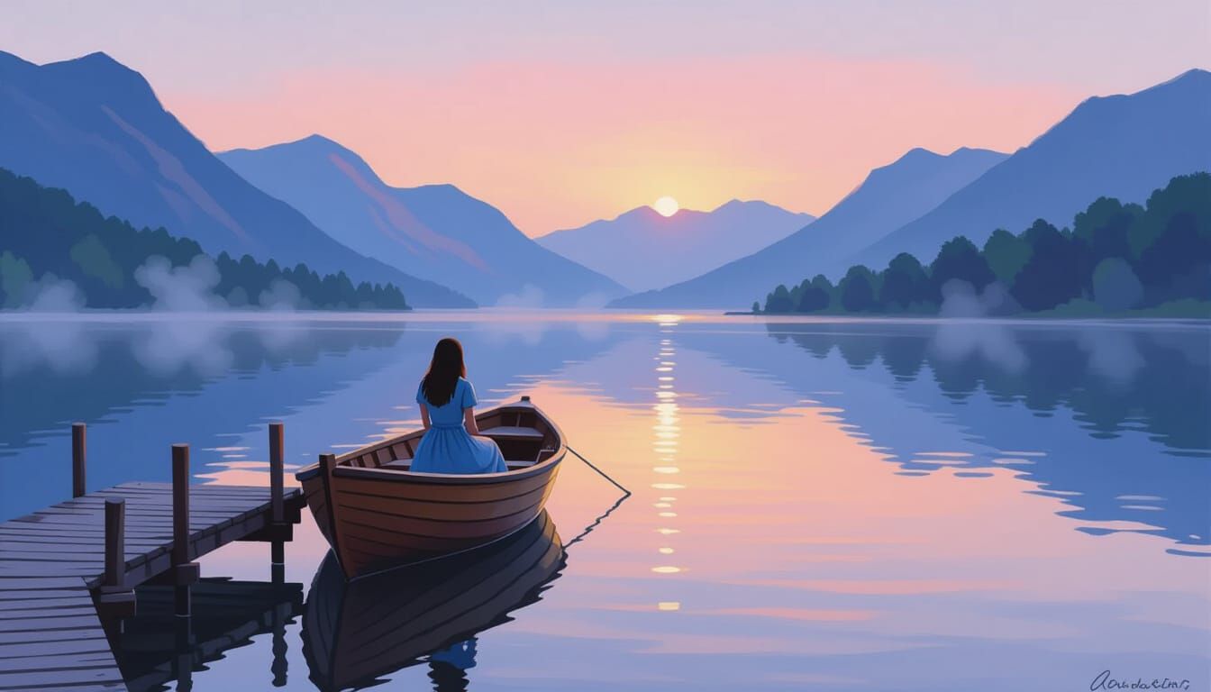 Serene Lake at Dawn with Mist and Rowboat