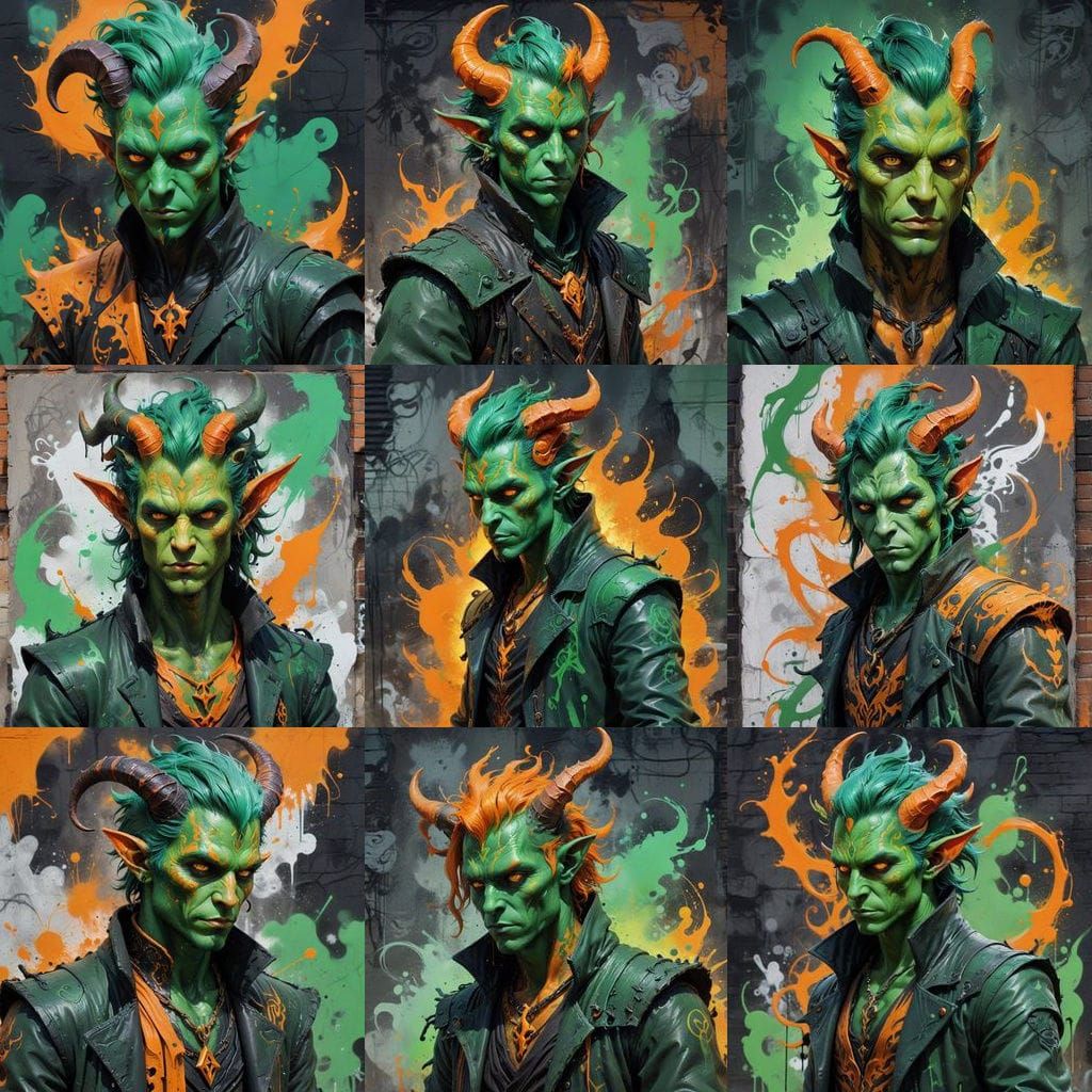 Ethereal Tiefling Warlock in Vibrant Graffiti Style