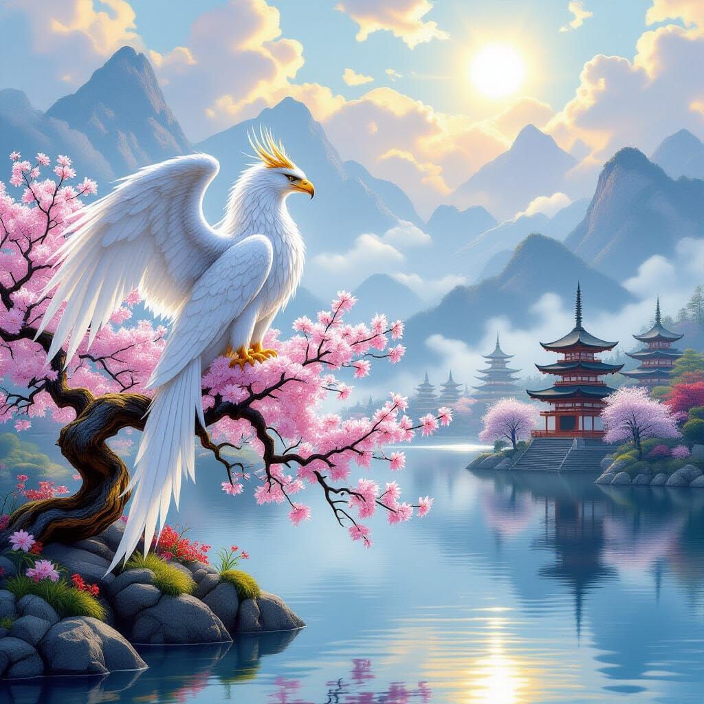 Griffin Perched on Sakura Tree in Digital Painting