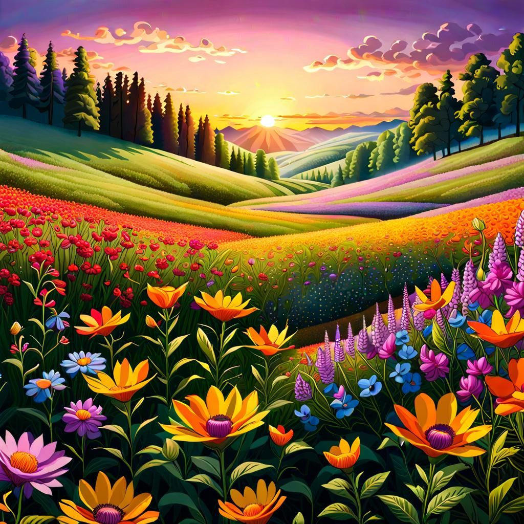 Sunset Wildflower Field: Detailed Matte Oil Painting