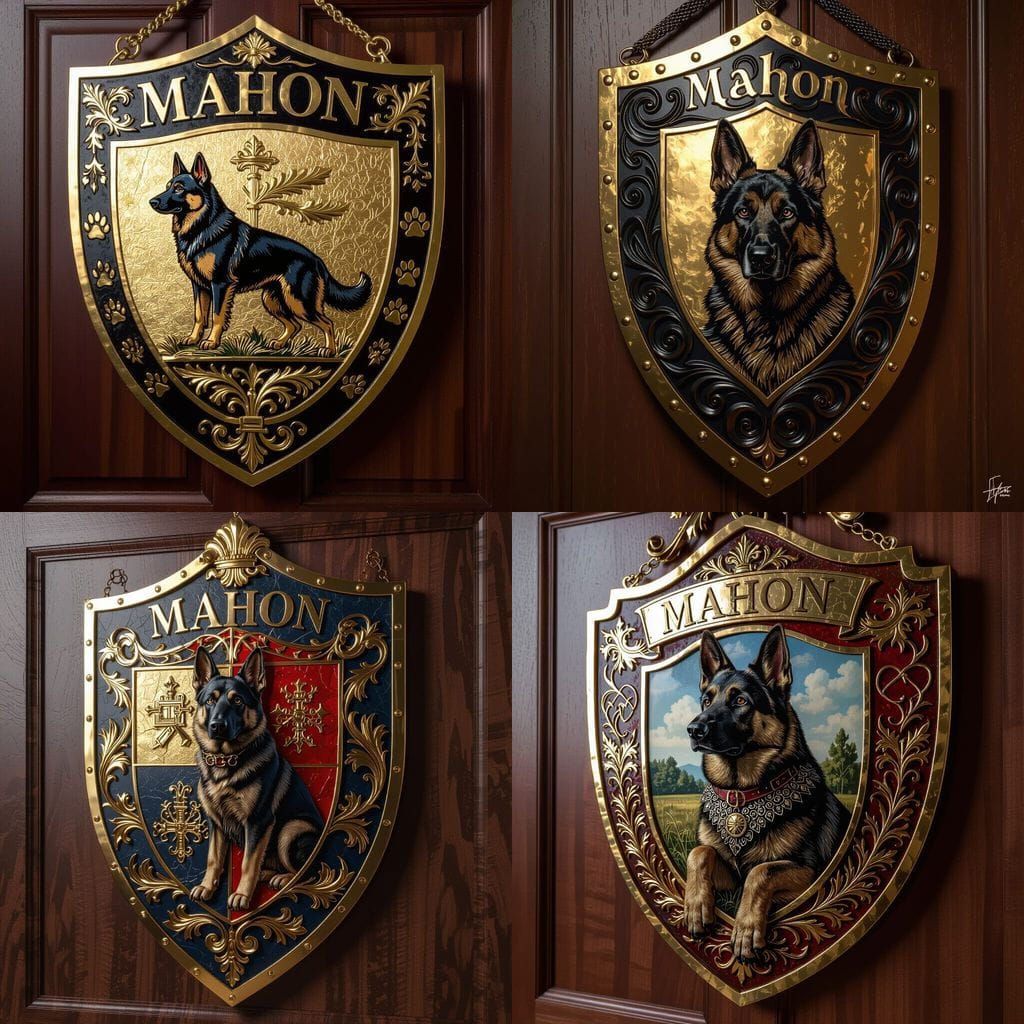 Mahon Family Crest Shield with Dog Paws and German Shepherd