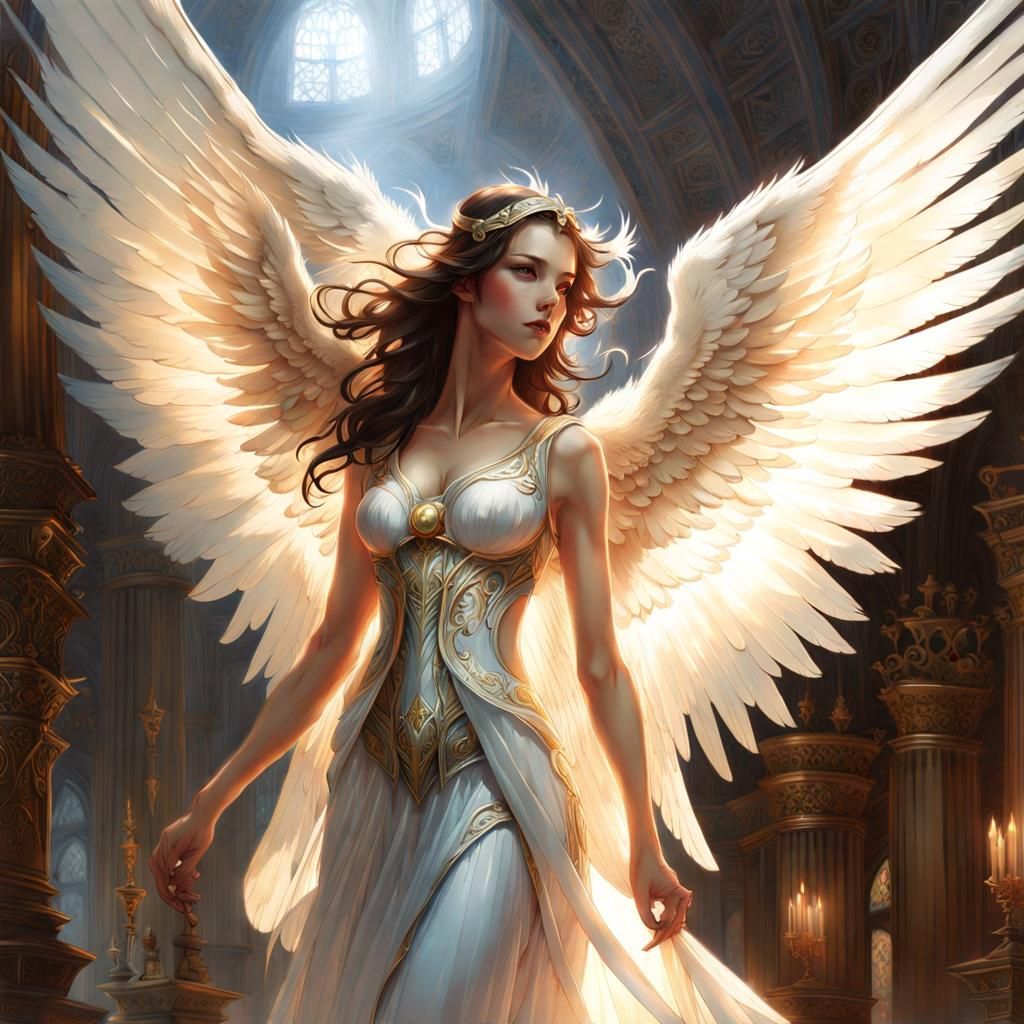 Beautiful Angel with Open Wings, Hyperrealist Digital Art