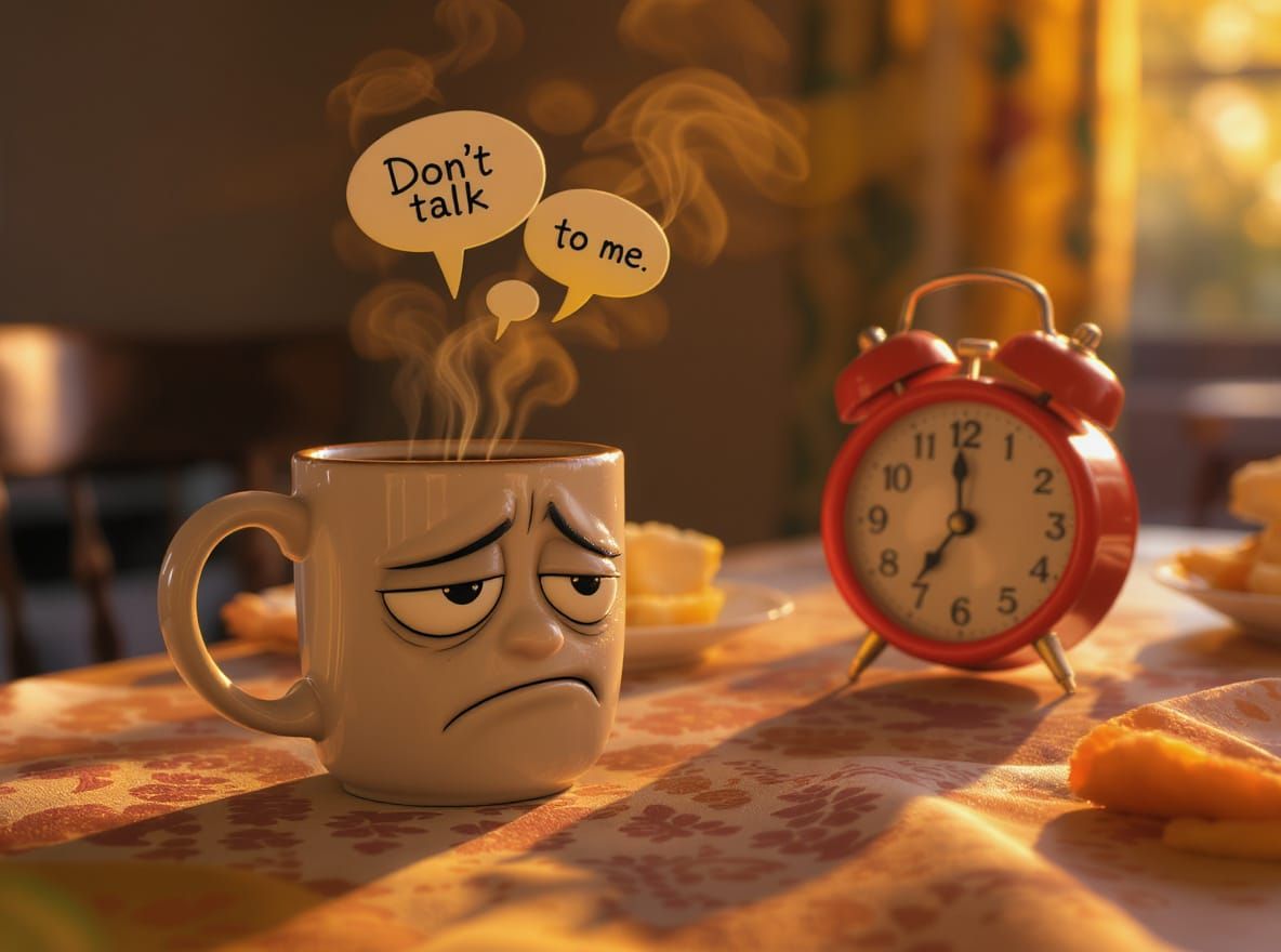 Sarcastic Coffee Mug with Steam Bubbles in Cozy Nook