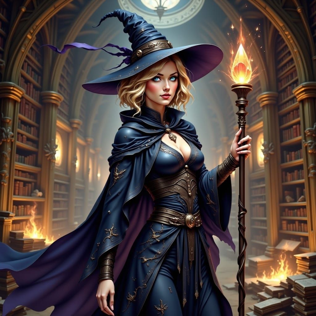 Skilled Sorceress Casting Magic in Ancient Library
